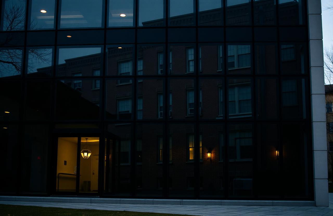 Modern glass office reflecting a historic brick facade in Berks County